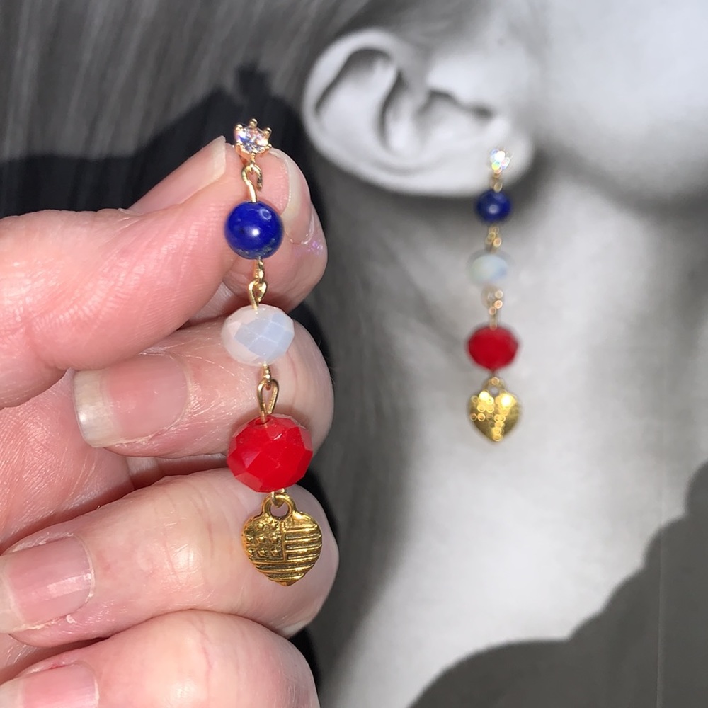 Patriotic Red White Blue Long Dangling Earrings on Cubic Zirconia Stud Post
